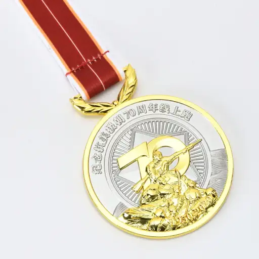 Custom 70th anniversary commemorative die cast medal with red ribbon