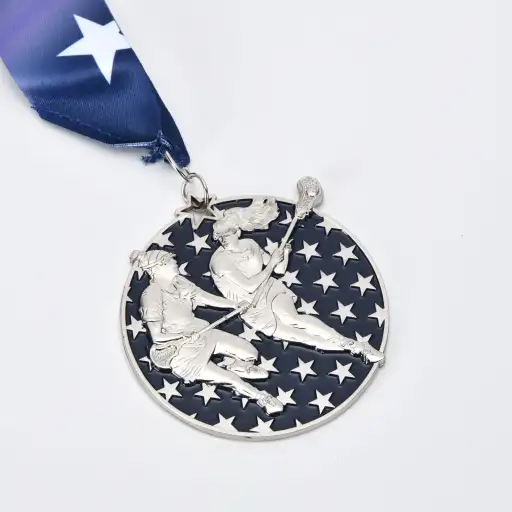 Custom lacrosse tournament die cast medal with navy ribbon