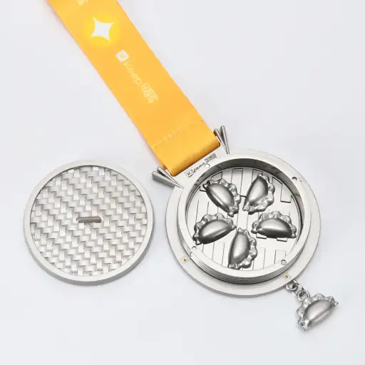 Custom multi-layer relief die cast medal with yellow ribbon