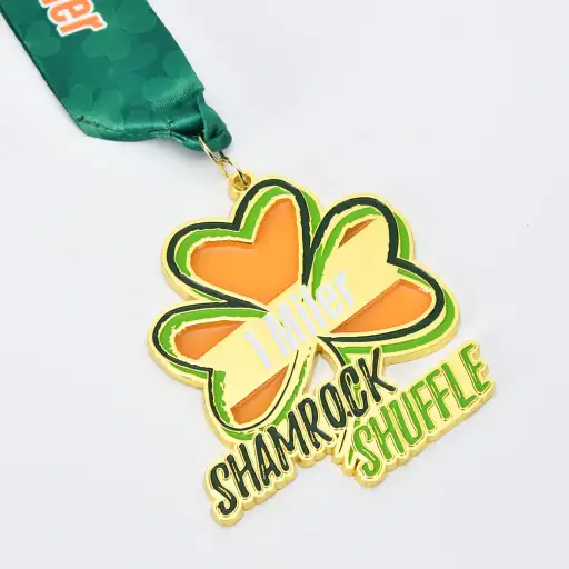 Custom shamrock shuffle enamel medal with green ribbon