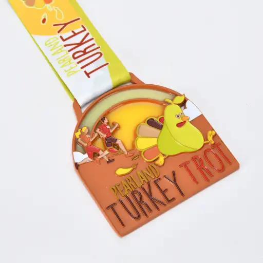 Custom pearland turkey trot enamel medal with illustrated turkey